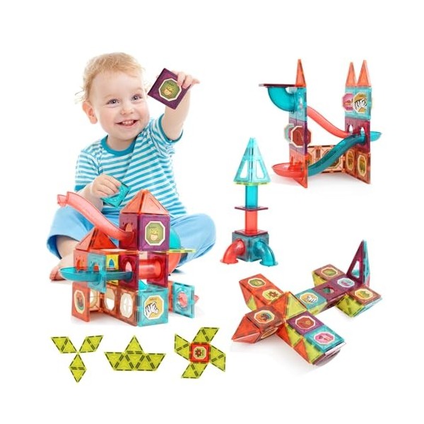 Beeyouk Jouets Construction Magnétiques -Enfants Cadeaux 111 pièces de Blocs de Construction Magnétiques, Jeux en 3D avec Tuy