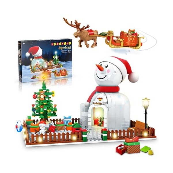 HOGOKIDS Bloc de construction de Noël pour enfants – 573 pièces Père Noël bonhomme de neige avec éclairage pour garçons et fi