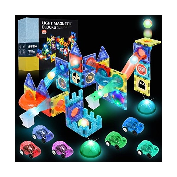 Herenear Blocs Construction Magnétiques Jouet, 49 PCS 3D Jeu Magnetique Construction Aimanté avec 6 Voiture, Jeux Aimantés Co