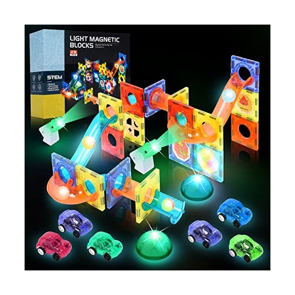 Herenear Blocs Construction Magnétiques Jouet, 49 PCS 3D Jeu Magnetique Construction Aimanté avec 6 Voiture, Jeux Aimantés Co