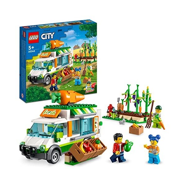 LEGO 60345 City Le Camion de Marché des Fermiers, Jouet de la Ferme avec Un Van Food Truck et Stand de Nourriture, pour Enfan