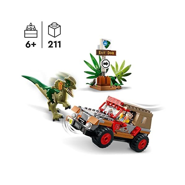 LEGO 76958 Jurassic Park LEmbuscade du Dilophosaure, Jouet Dinosaure et Voiture Jeep pour Garçons, Filles, Enfants Dès 6 Ans