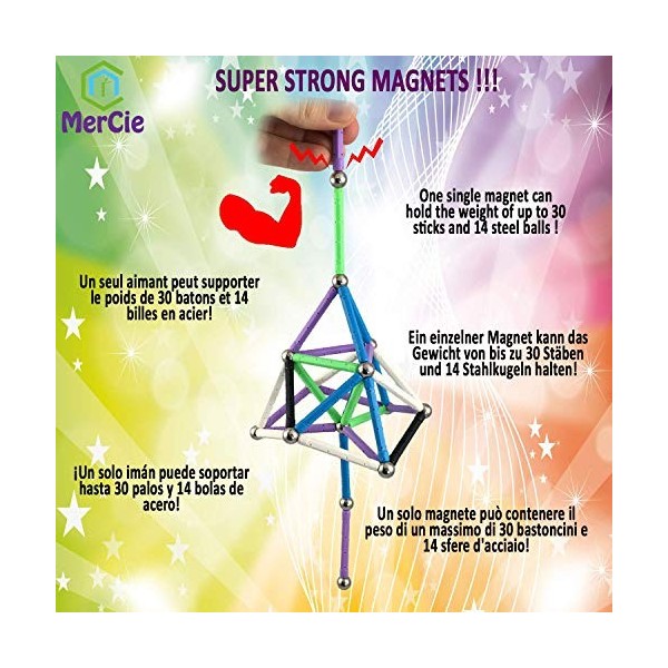 MerCie Blocs Construction magnétiques | 156 pcs: bâtons XXL avec aimants puissants, Billes Acier, Roues Voiture + Boite de Ra