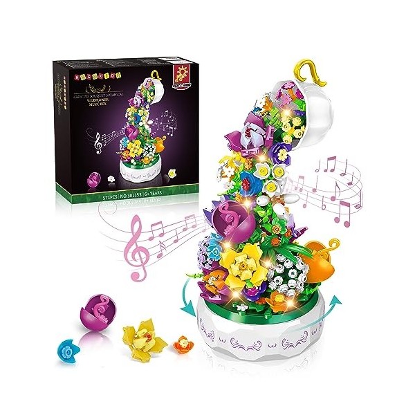 HOGOKIDS Jouet de construction musical avec lumière LED - Bouquet créatif - Boîte à musique botanique rotative - Blocs de con