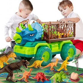 Jouet de Camion de Dinosaure pour Enfants de 3 à 5 Ans, Camion Transporteur de Voiture Triceratops avec 8 Figurines Dino, Tap