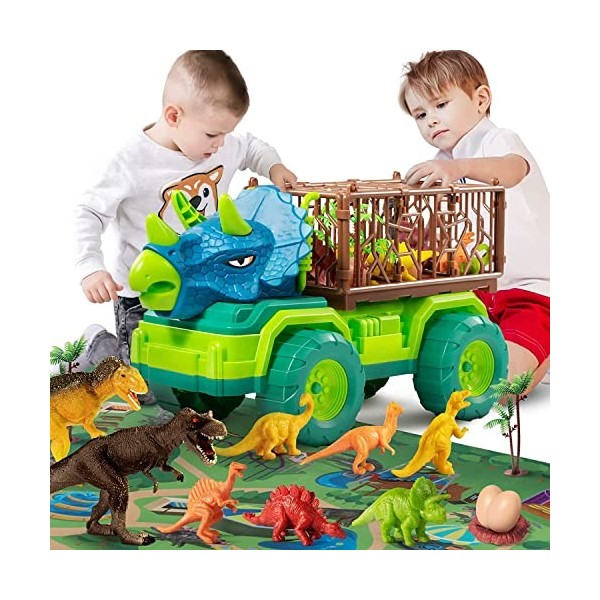 Jouet de Camion de Dinosaure pour Enfants de 3 à 5 Ans, Camion Transporteur de Voiture Triceratops avec 8 Figurines Dino, Tap