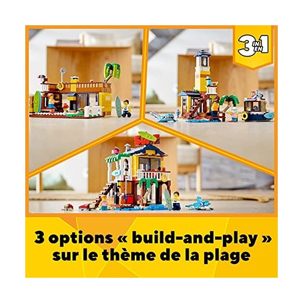 LEGO 31118 Creator 3-en-1 La Maison sur la Plage du Surfeur, Jeu de Construction, Figurines Animaux Marins, Piscine, Idée Cad