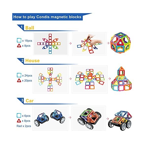 Condis Jeux de Aimantés Construction Magnetiques Enfants 62 PCS, Jouet pour Fille Garcon Enfants 3 4 5 6 7 Ans Petits Cadeaux