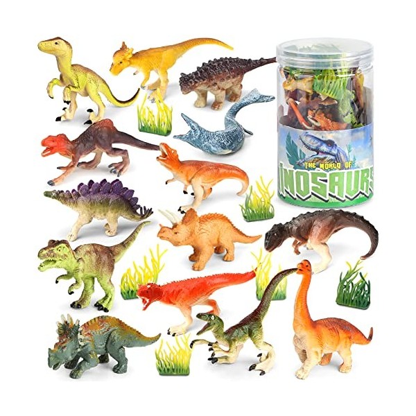 Vanplay 21Pcs Jouet Dinosaure Figurine Dinosaure avec Seau de Stockage pour Les Enfants