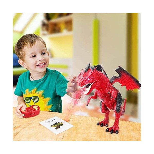 Baztoy Dinosaure Telecommandé, Dinosaure Enfant Jouet avec Marche Rugissement Pulvérisation Fonction Figurine Animaux Dragon 