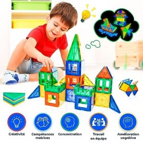 TOP TOYZ Blocs de Construction Magnétiques qui Brille dans lObscurité, 62 Pièces +2 Stylos à Lumière UV, Constructions Magné