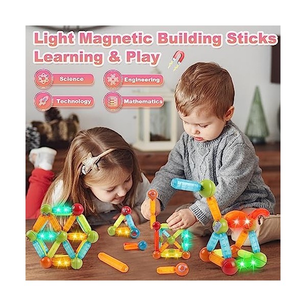4-Pejiijar Jeu Construction Magnetique Enfant 52 Pièces Blocs Construction Magnétiques, Jouet Educatif 3D Créatif, Magnetic B