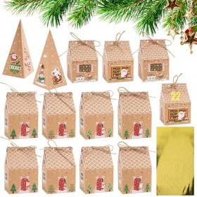 24pcs Calendriers de lAvent Kraft Boites Cadeau Noël Triangulaire Boîtes de Calendrier de lAvent+Autocollant Numérique DIY 
