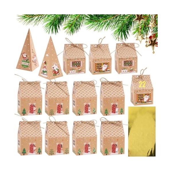 24pcs Calendriers de lAvent Kraft Boites Cadeau Noël Triangulaire Boîtes de Calendrier de lAvent+Autocollant Numérique DIY 