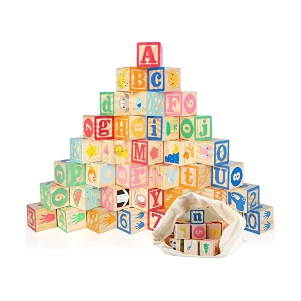 jacootoys 36 PCS Blocs de Bois ABC Jeux de Construction Très Grand Lettres et numéros de lalphabet Jouets Éducatifs pour Enf