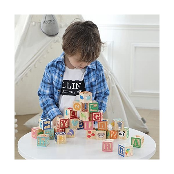 jacootoys 36 PCS Blocs de Bois ABC Jeux de Construction Très Grand Lettres et numéros de lalphabet Jouets Éducatifs pour Enf