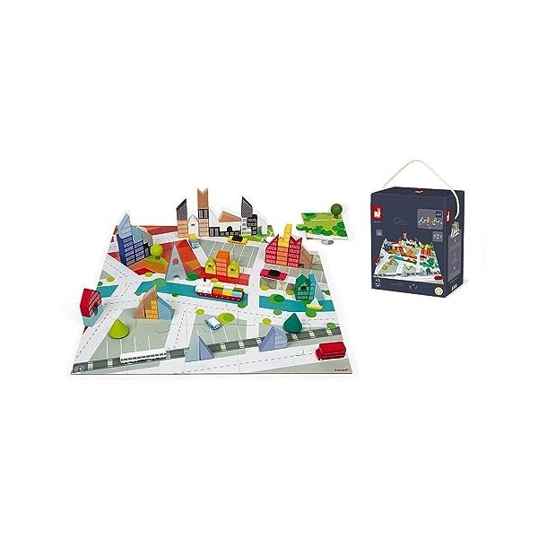 Janod - Kubix - 40 Blocs + Puzzle Lettres et Chiffres 36 Pièces - Jeu de Construction Blocs en Bois Massif + Puzzle Tapis de 