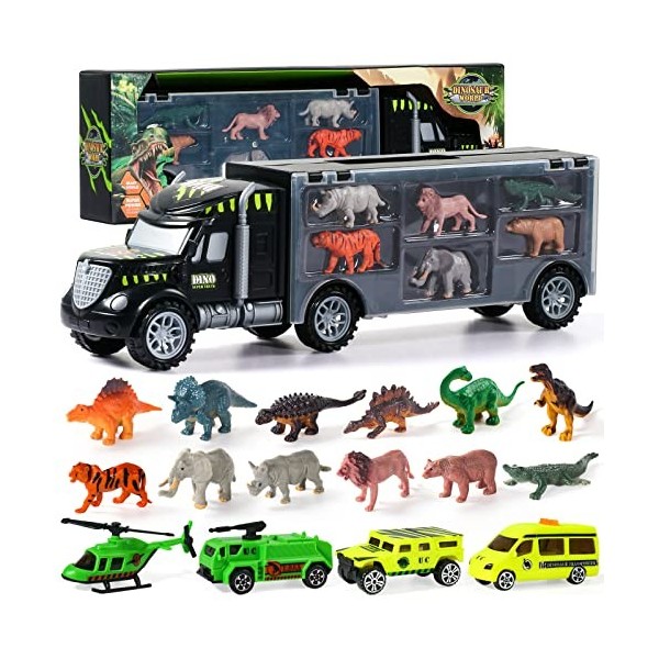 Nuheby Dinosaure Jouet Voiture Enfant Garcon Fille 3 4 5 6 Ans Camion Transporteur avec Mini Figurine Dinosaures et Animaux J