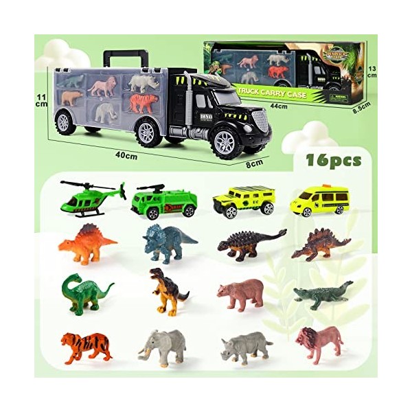 Nuheby Dinosaure Jouet Voiture Enfant Garcon Fille 3 4 5 6 Ans Camion Transporteur avec Mini Figurine Dinosaures et Animaux J