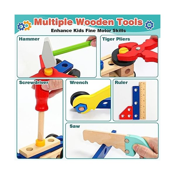 Caisse à Outils En Bois Pour Enfant 23 Pièces - Jouet Montessori 2-4 Ans - Marteau, Tournevis, écrous... - Cadeau Garçon/fille