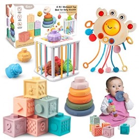 Jouet Montessori pour Bébés, Enfant 19 pcs Jeux de Corde à Tirer Montessori Cubes de Motricité Empilables, Trieur de Forme 