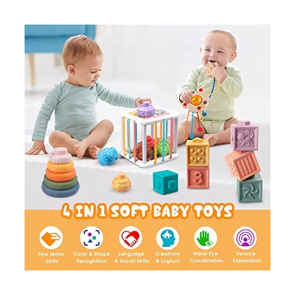Jouet Montessori pour Bébés, Enfant 19 pcs Jeux de Corde à Tirer Montessori Cubes de Motricité Empilables, Trieur de Forme 