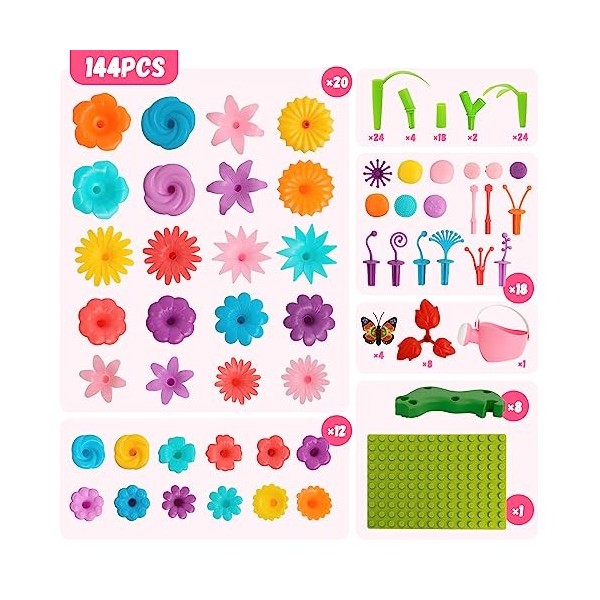 Nukdey Jeu de Construction de Jardin de Fleurs 144PCS - Jouet de Construction de Fleurs - Set de Jeu de Construction Créatifs