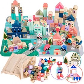 Kinderplay Green Series 115 Elements Jeux de Construction 2 Ans | Cubes en Bois pour Jouer - Bloc de Construction | Jeu Route