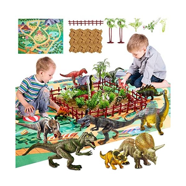 BUYGER Dinosaure Jouet avec Tapis de Jeu pour Enfant 3 4 5 Ans, 58 Pièces Figurines de Dinosaures Puzzle Clôture de Montage R