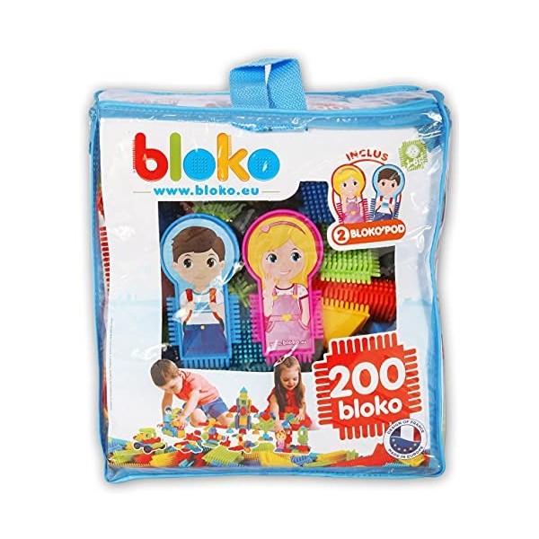 BLOKO – Sac de 200 BLOKO et 2 Figurines Famille – Dès 12 Mois – Fabriqué en Europe – Jouet de Construction 1er âge – 503508