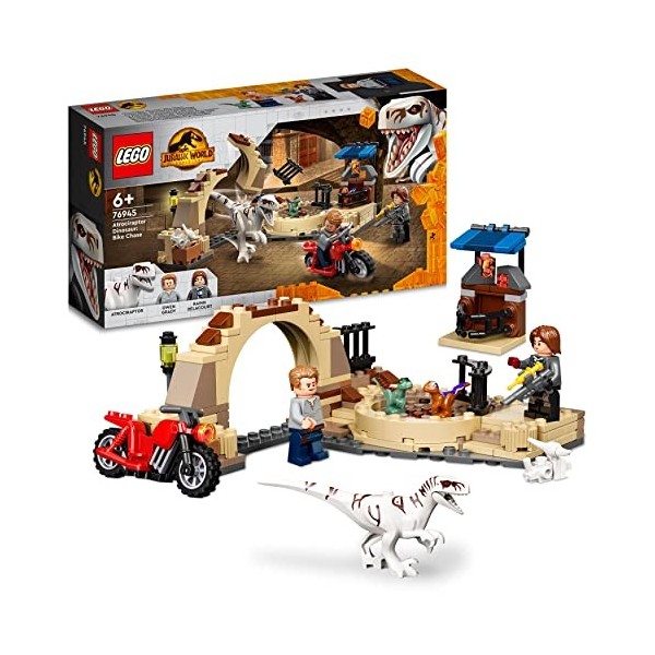 LEGO 76945 Jurassic World La Poursuite en Moto de l’Atrociraptor, Jouet de Dinosaures, 2 Bébés Dinos et Minifigurines de Gard