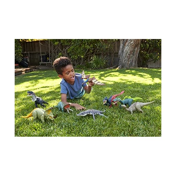 Jurassic World Figurine Dinosaure articulée Ichthyovenator, Attaque Rugissante, sons et mouvements, avec code ADN scannable, 