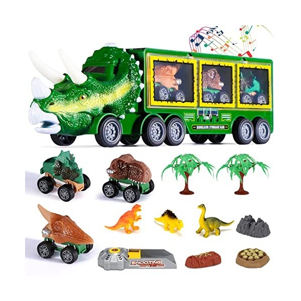 Oderra Dinosaure -Jouet de Camion de Transporteur , Tracteur avec 3 Mini Voitures de Jouet danimal de Dinosaure, Filles et E