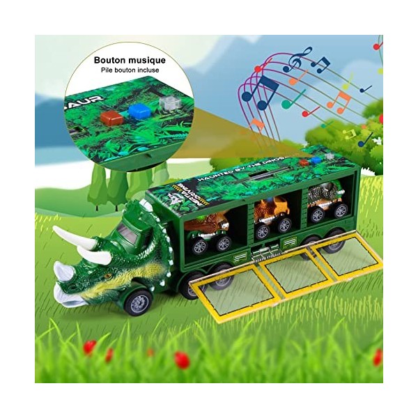 Oderra Dinosaure -Jouet de Camion de Transporteur , Tracteur avec 3 Mini Voitures de Jouet danimal de Dinosaure, Filles et E
