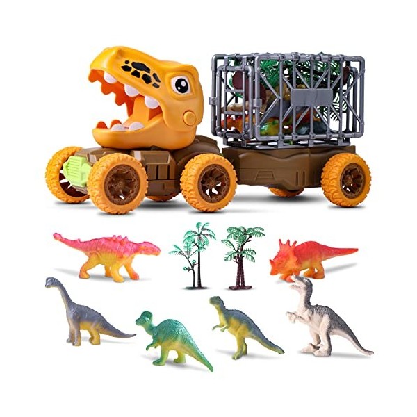 Oderra Jouet Dinosaure Camion - Voiture Dinosaure Enfant avec 6 Mini Dinosaures et Deux Arbres, Jouet Dinosaure avec Musique 