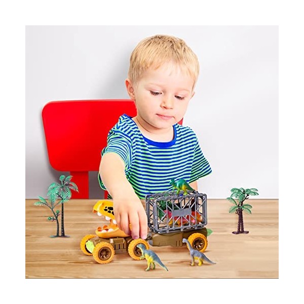 Oderra Jouet Dinosaure Camion - Voiture Dinosaure Enfant avec 6 Mini Dinosaures et Deux Arbres, Jouet Dinosaure avec Musique 