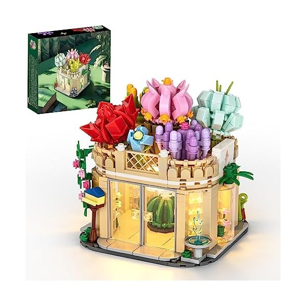 VEPOWER Jeu de Construction Maison du Succulents avec lumière LED kit, modélisation de Maison Succulents de Ville, Jeu de Con