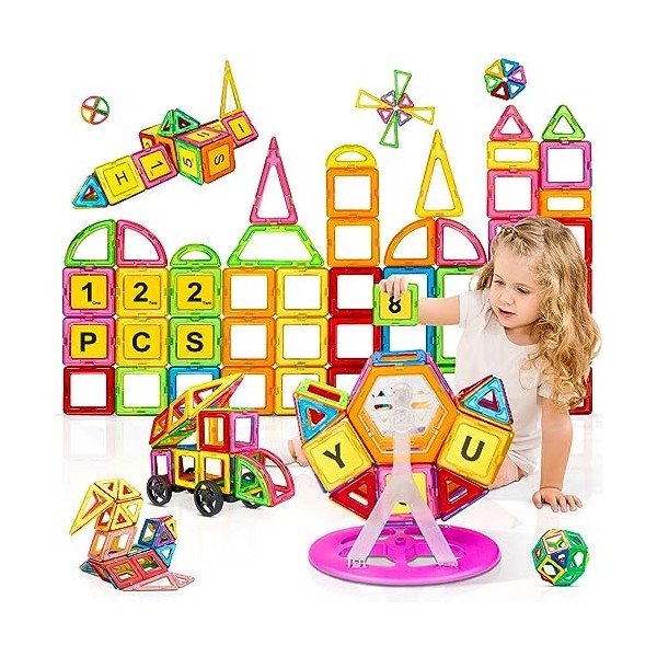 GLADTOP Lot de 122 blocs de construction magnétiques STEM 2023 pour garçons et filles âgés de 3, 4, 5, 6, 7 ans