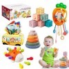 Fortand 5 en 1 Jeux Montessori Bébé Eveil, Jouet Sensoriel Jeux de Corde à Tirer, Boite Mouchoir Bebe, Blocs de Construction,