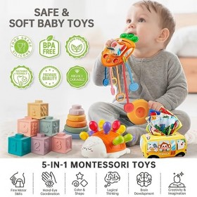 Fortand 5 en 1 Jeux Montessori Bébé Eveil, Jouet Sensoriel Jeux de Corde à Tirer, Boite Mouchoir Bebe, Blocs de Construction,