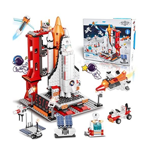 Jeu de construction Space Shuttle - 855 pièces - Kit de construction de vaisseau spatial - Fusée - Jouet avec centre de contr