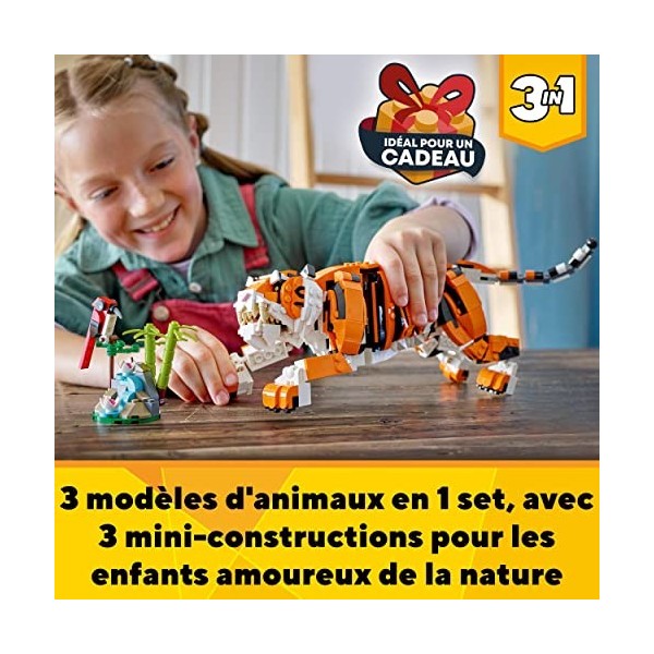 LEGO 31129 Creator 3 en 1 Sa Majesté Le Tigre, Jouets Animaux pour Filles et Garçons dès 9 Ans, Figurines Panda, Poisson