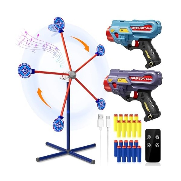 DX DA XIN Cible de Tir Rotation Jeux pour Enfants Comprend 2 Pistolets Jouets 20 Mousse Fléchettes Jouets de Jardin DExtérie