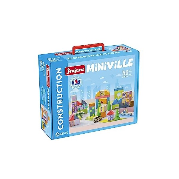 Jeujura-Miniville-50 Manipulation de 50 pièces en hêtre Massif pour Imaginer et créer la Ville de Ses rêves-Jeu de Constructi