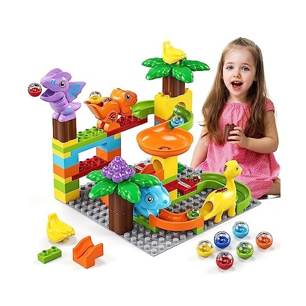 burgkidz Bloc de Construction pour Course de Billes, Jouets dinosauriens avec 67 pièces Classiques Dino big Blocks Jouets STE