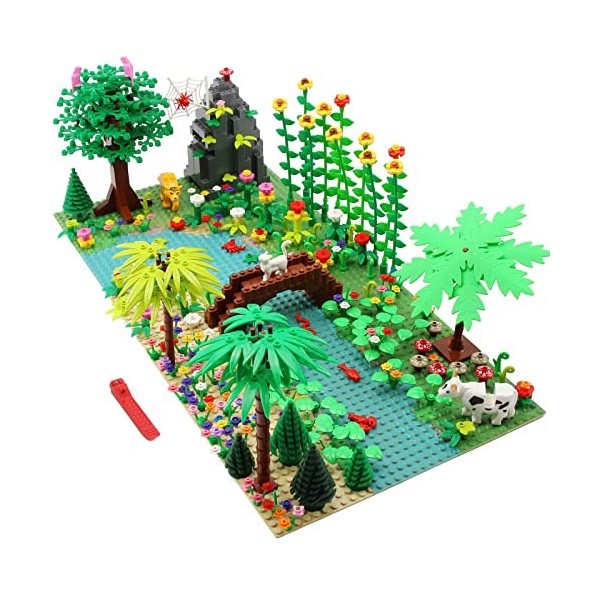 Feleph Jeu de Construction Jungle Jeu de Jardin avec 2 plaques de Base Forêt Sauvage Pont Plantes Arbres Fleurs Animaux Vache