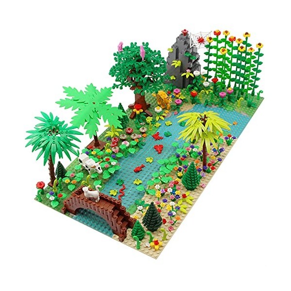 Feleph Jeu de Construction Jungle Jeu de Jardin avec 2 plaques de Base Forêt Sauvage Pont Plantes Arbres Fleurs Animaux Vache