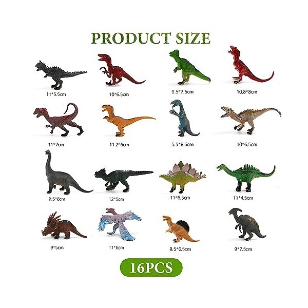 DAGORD 16 pièces Figurines de Dinosaures Jouet Dinosaure en Plastique Dinosaures et Créatures Préhistoriques Jouets Éducatifs