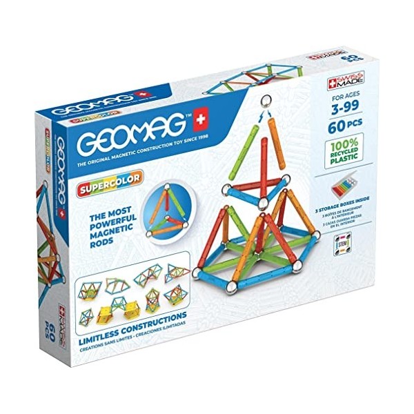 Geomag, Supercolor Recycled, Constructions Magnétiques, Barrettes et Panneaux Colorés, Pack de 60 Pièces, 100% Plastique Recy