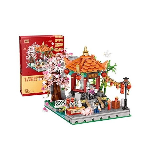 LOZ Building Blocks Educational Toy Traditional Chinese Architecture Pavilion with Lantern Firework Tree Pig Rabbit and Kid H